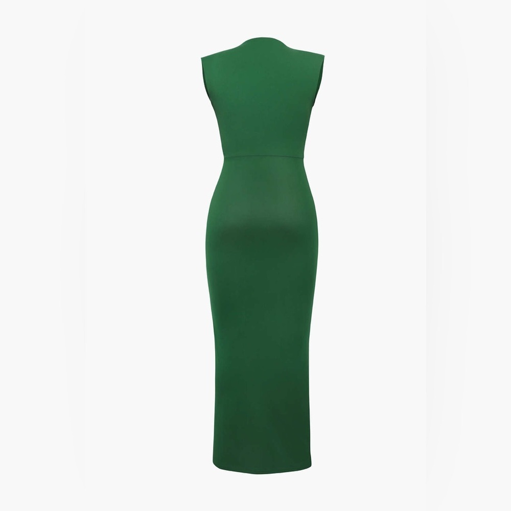 Micas Green Deep V-Neck Sleeveless Midi Dress Fall Wedding Siren NWOT Cocktail - Picture 7 of 9